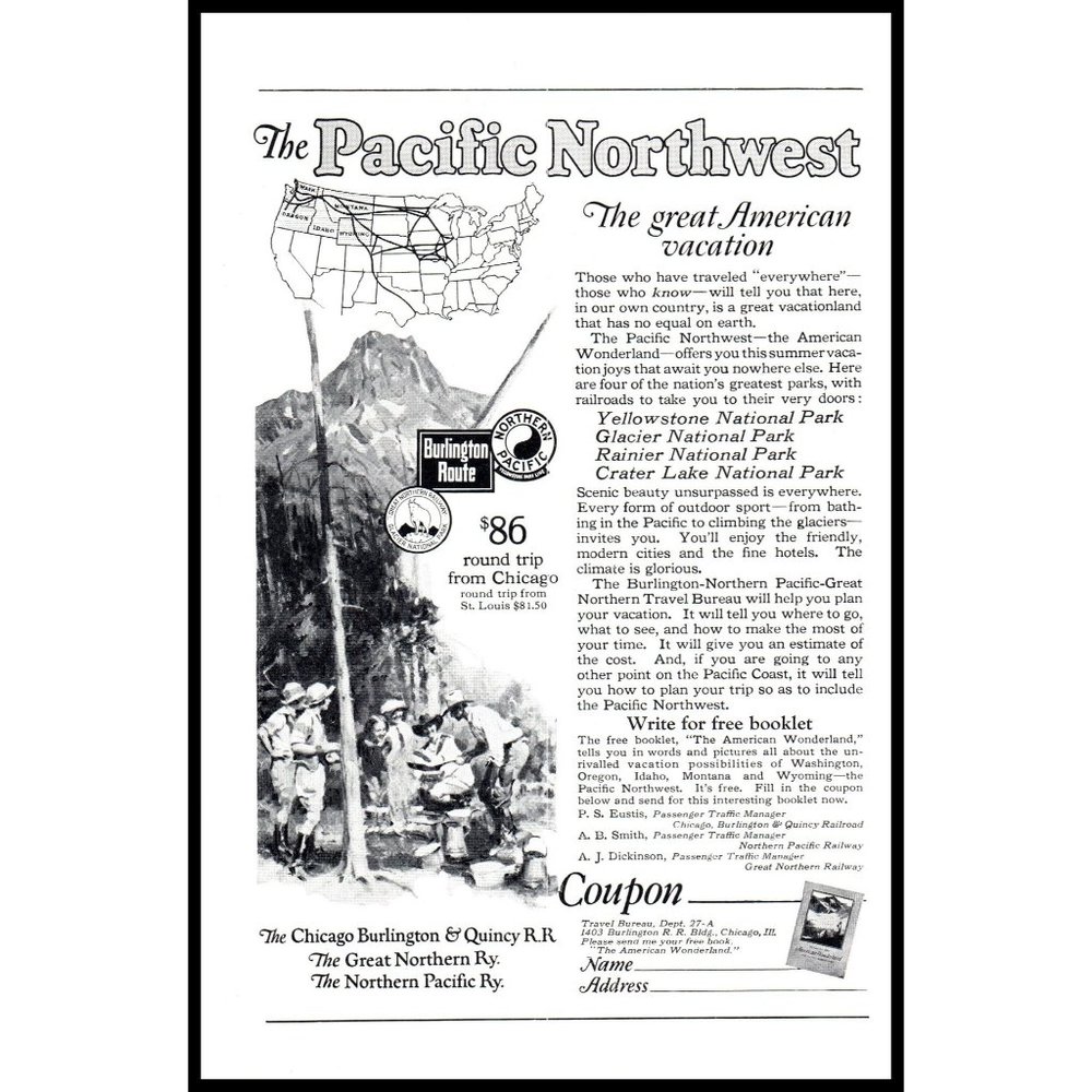 1924 The Pacific Northwest Great American Vacation Vintage Print Ad Wall Art